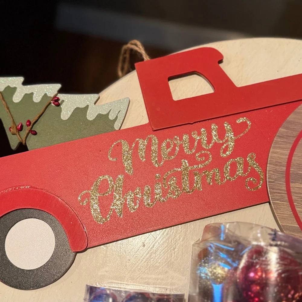 Rustic Red Truck Merry Christmas All Roads‎ Lead Home Sign Ornaments Pinecones